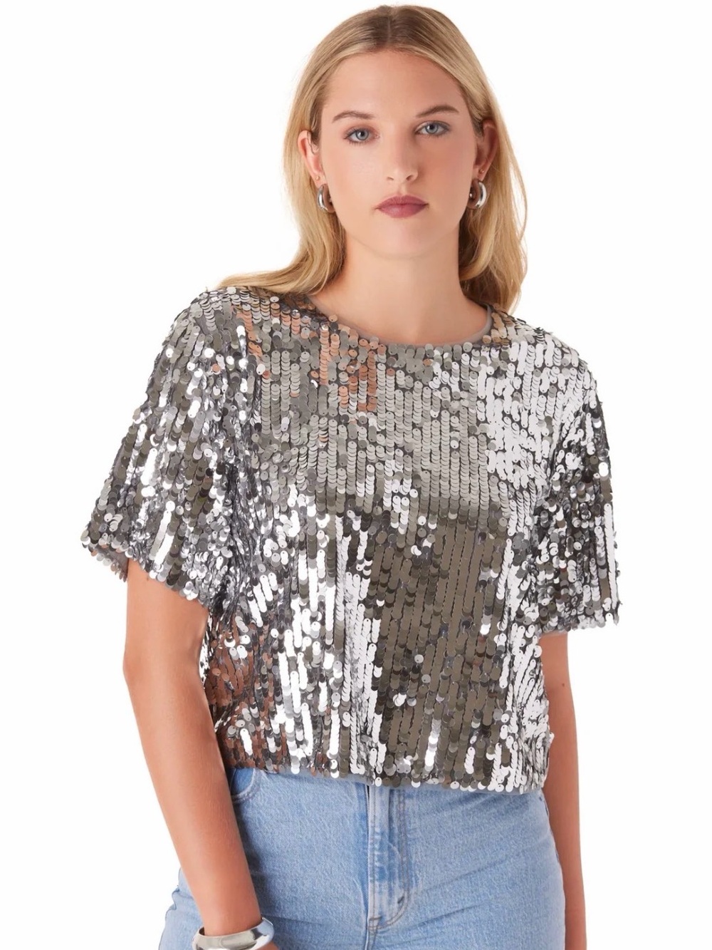 CROSBY by Mollie Burch Silver Sequin Short Sleeve Crop Top